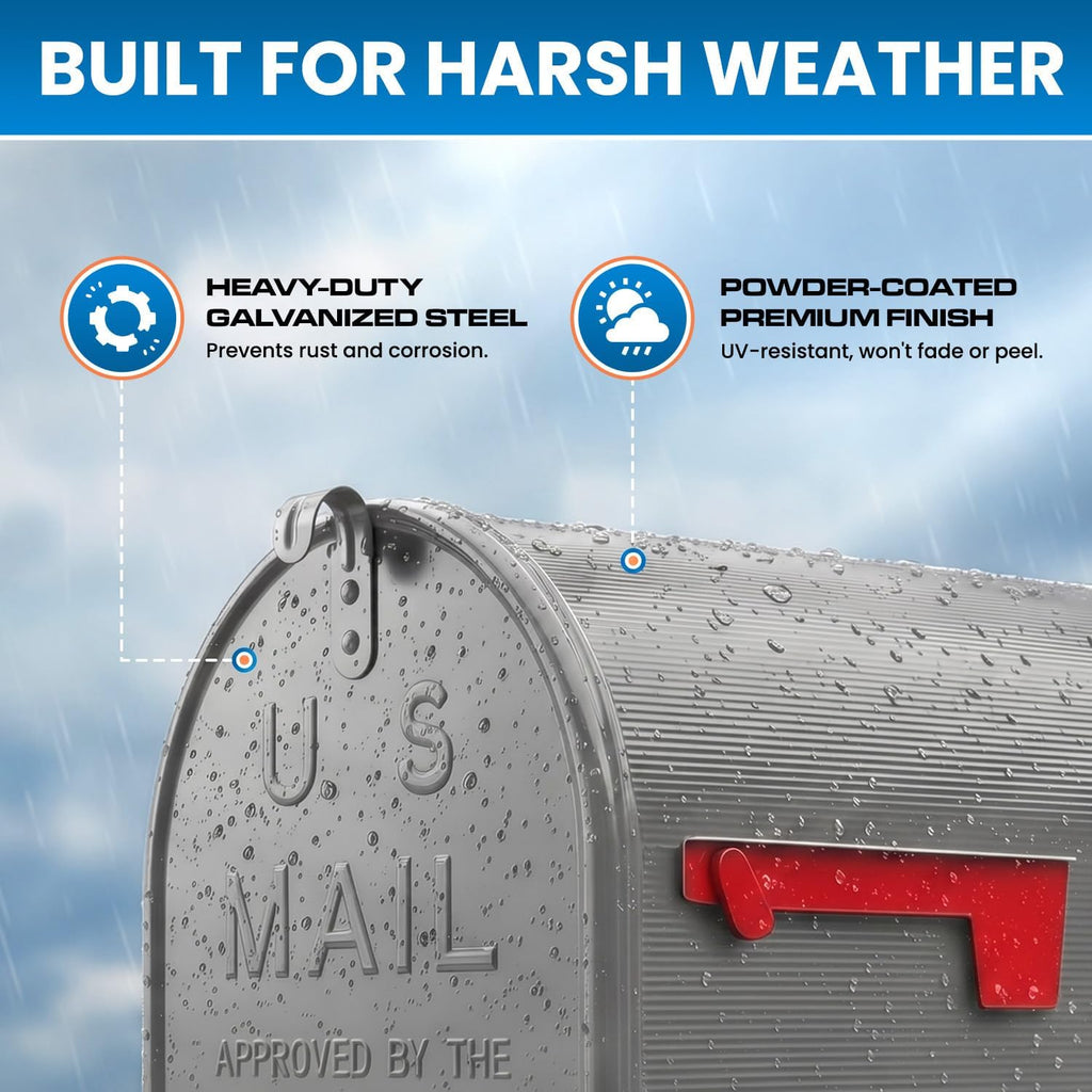 Plexon Gray Jumbo Size Rural Mailbox, 3175 cu-in Capacity, Galvanized Steel, Powder-Coated, 15 in. H x 11.69 in. W x 24.82 in. L