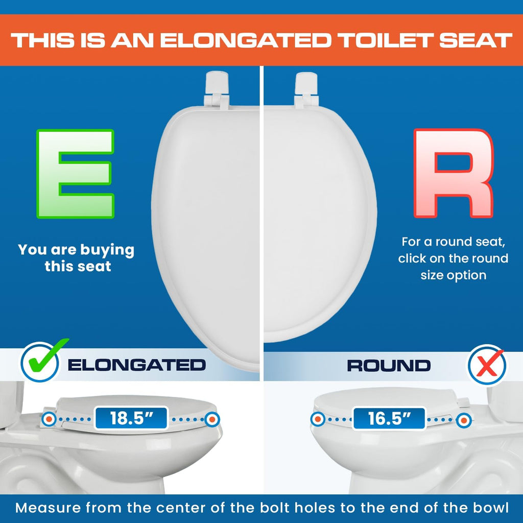 Plexon Elongated Soft Toilet Seat, Smooth Heavy-Duty Vinyl & Wood Core, Secure Hinge, White