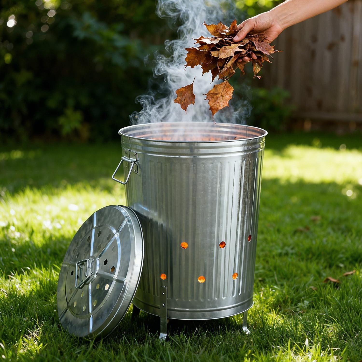 Incinerator Burn Barrel for Outside for Burning Trash Leaf - Metal Burn Can Cage Bin Container - Fire Can Paper Burner Outdoor, Flat Lid and Ventilation Holes, Galvanized Steel, 31 Gallon