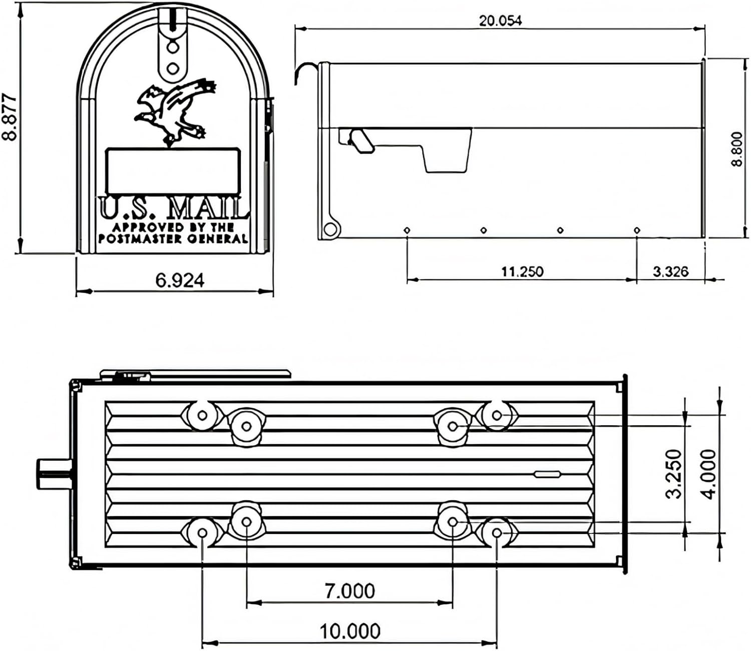 Plexon Mailboxes Classic Post Mount Mailbox - 20" L x 8.9" H x 6-7/8" W, Galvanized Steel, White, Rust-Resistant Powder Coated Finish