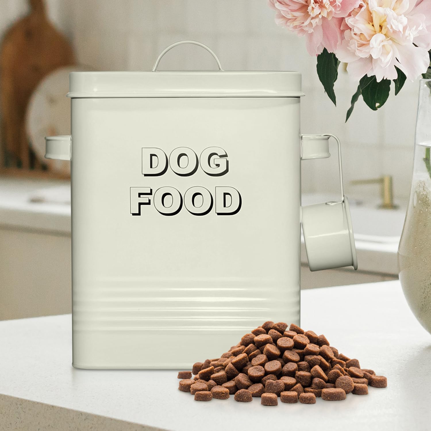 5 lb Square Beige Metal Pet Food Storage Container with Handles and Scoop