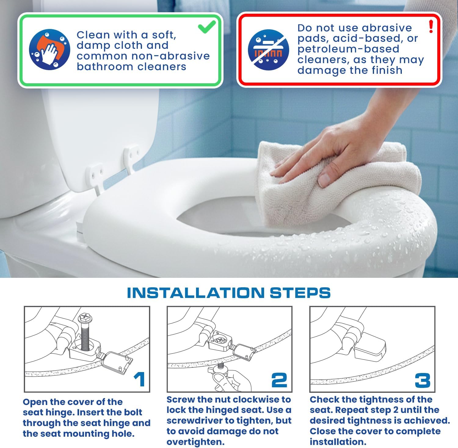 Plexon Round Soft Toilet Seat, Smooth Heavy-Duty Vinyl & Wood Core, Secure Hinge, White