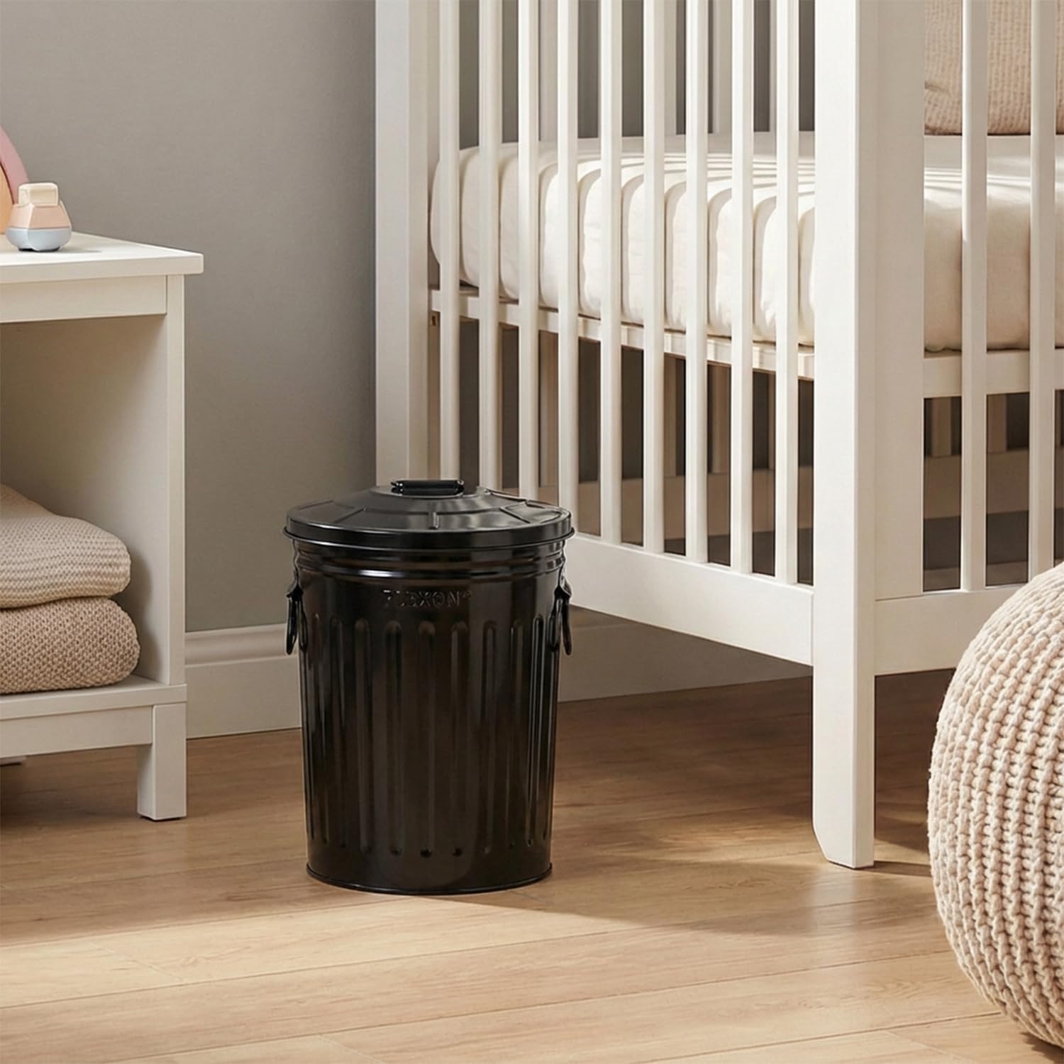Plexon 2 Gallon Small Metal Trash Can with Lid Bathroom Garbage Can with Lid Bathroom Trash Can for Bedroom Office Kitchen Indoor Waste Basket, Round Powder Coated Black Bucket