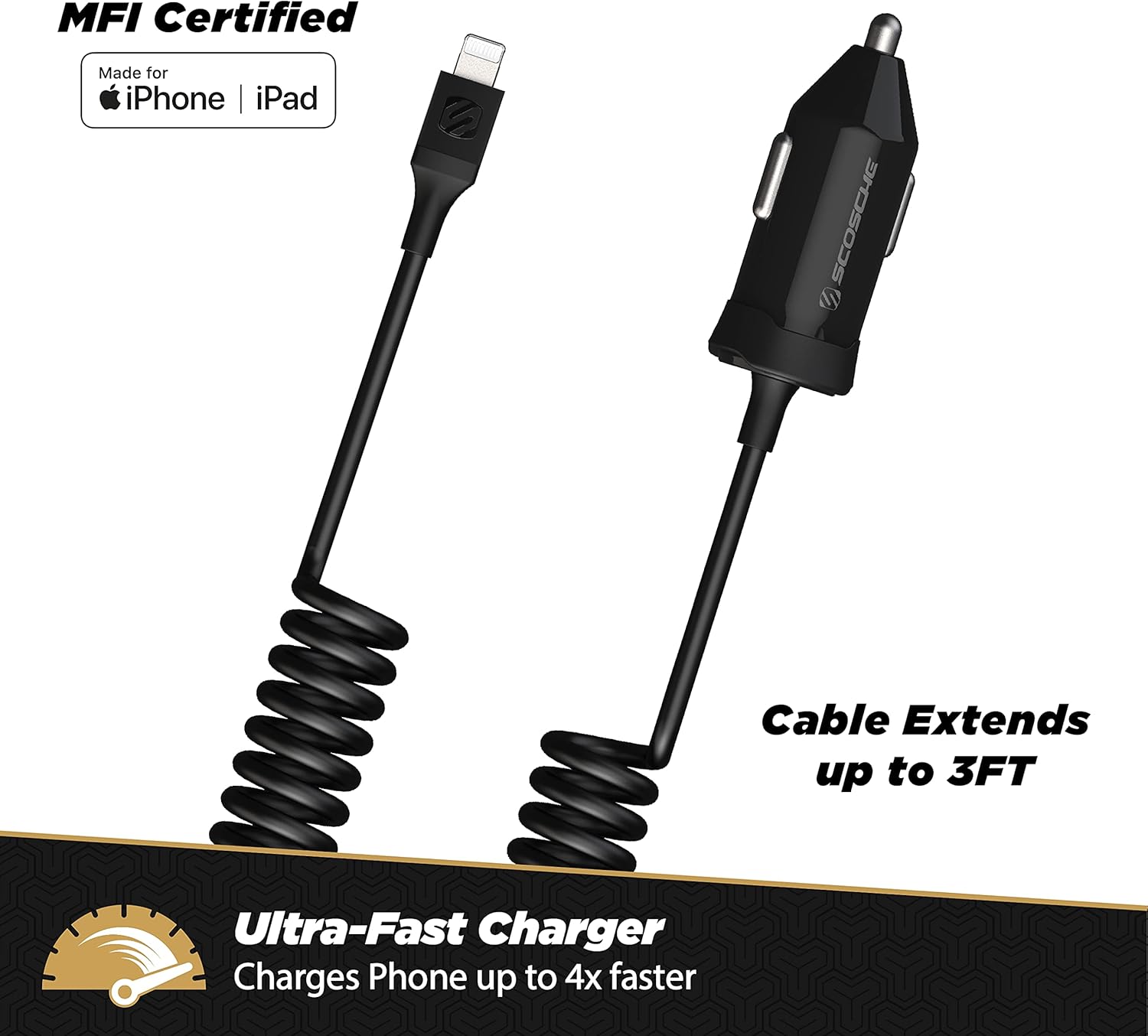 MFI Certified Power Delivery Apple Lightning Car Charger, Black