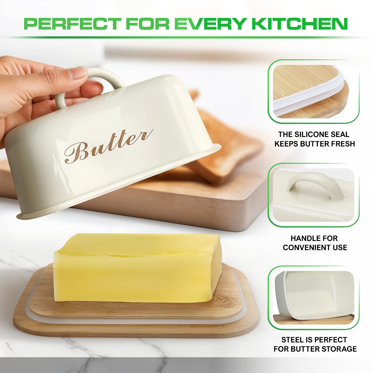 Wooden Butter Dish with Off-White Metal Lid and Handle