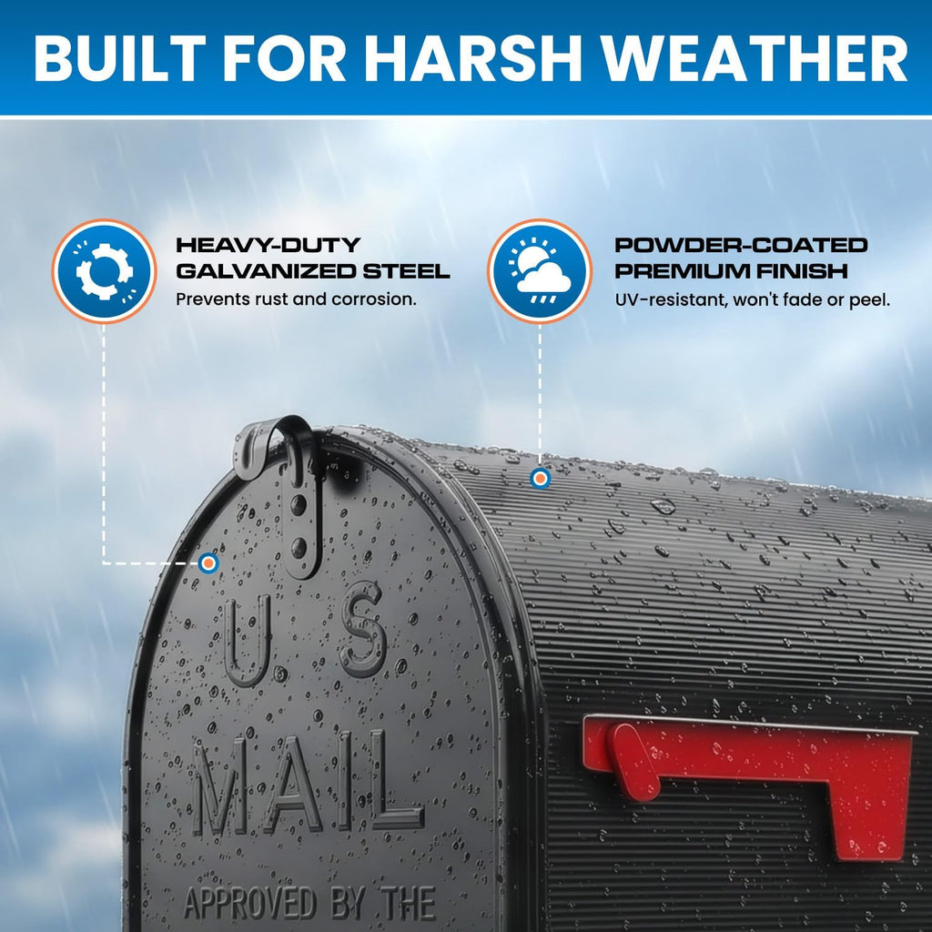 Plexon Jumbo Size Rural Mailbox, 3175 cu-in Capacity, Galvanized Steel, Powder-Coated, 15 in. H x 11.69 in. W x 24.82 in. L (Black, Extra Large)