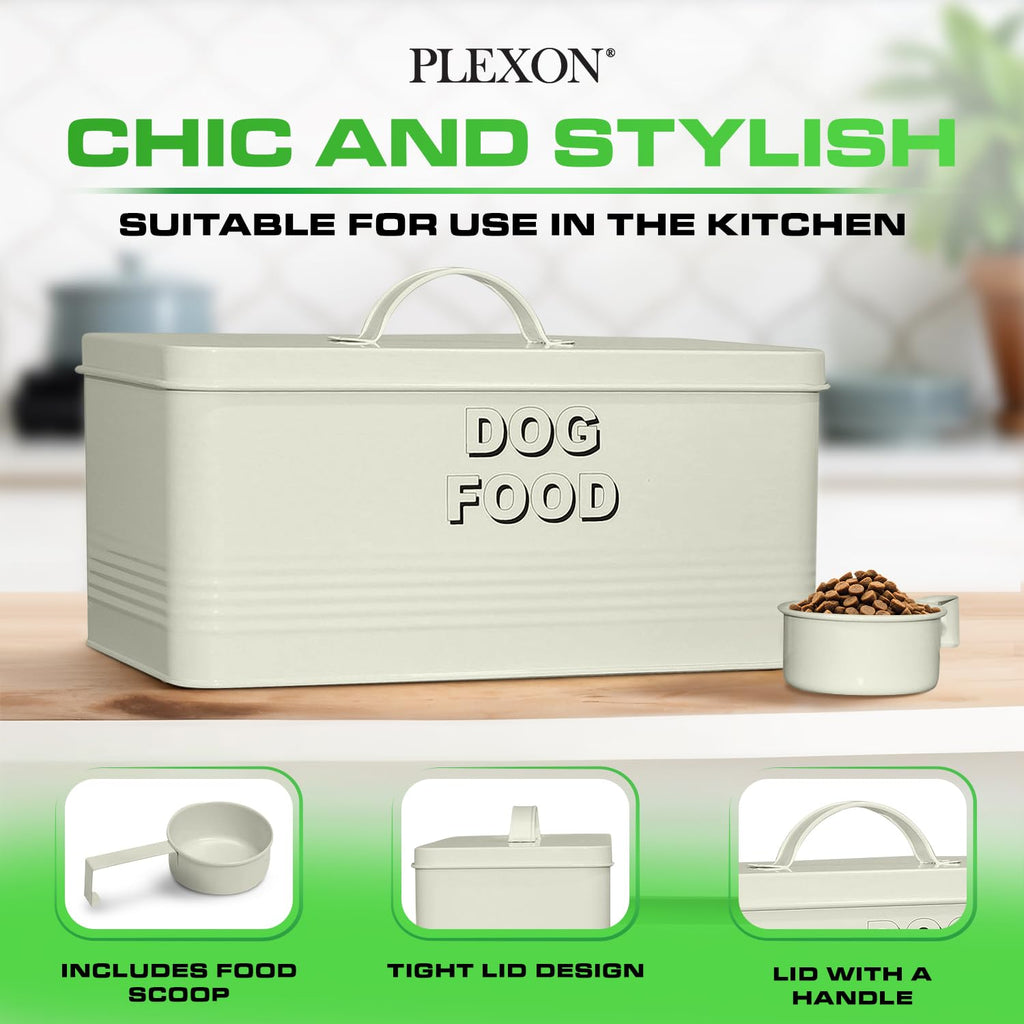 10 lb Rectangular Off-White Metal Pet Food Storage Container with Scoop