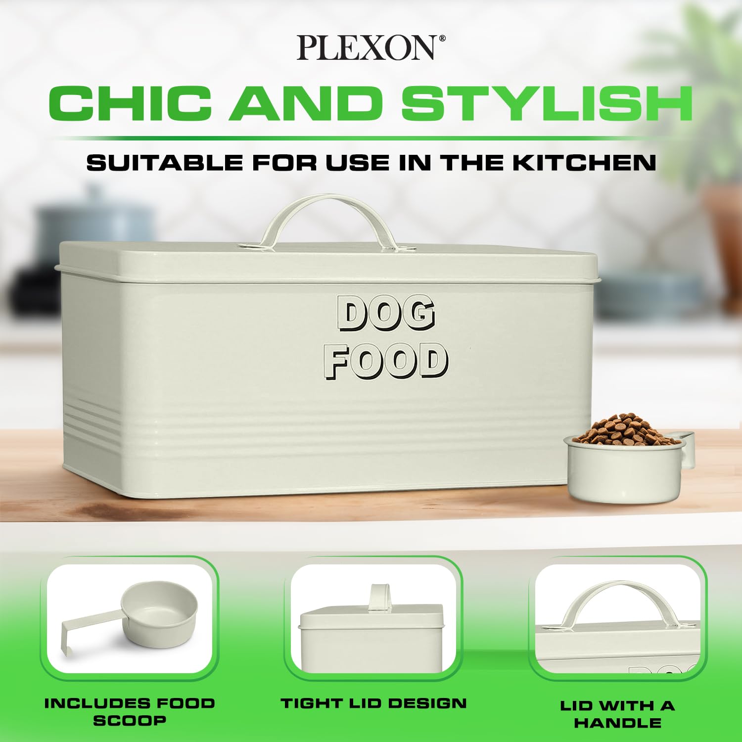 10 lb Rectangular Beige Metal Pet Food Storage Container with Scoop