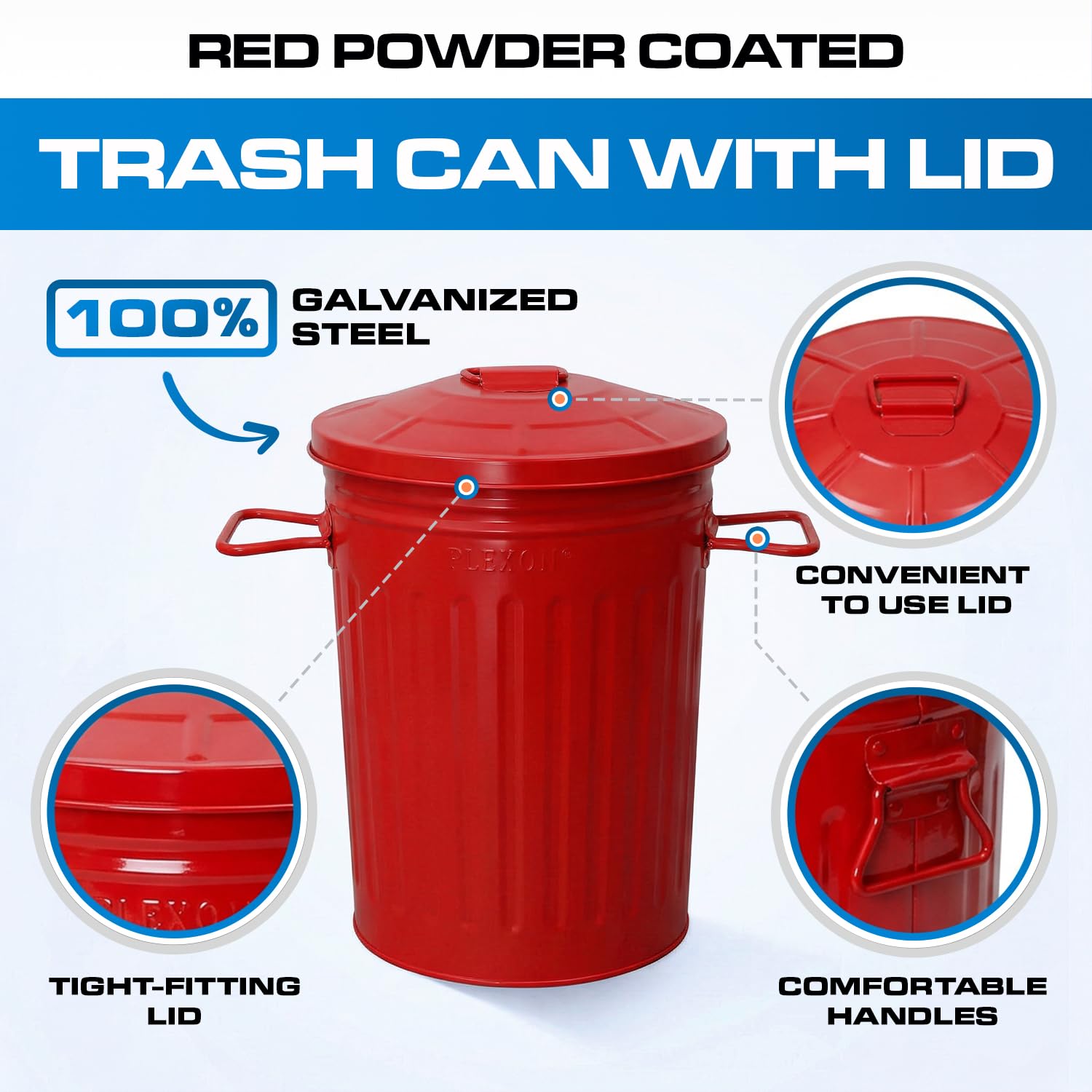 Plexon 2 Gallon Small Metal Trash Can with Lid Bathroom Garbage Can with Lid Bathroom Trash Can for Bedroom Office Kitchen Indoor Waste Basket, Round Powder Coated Red Bucket