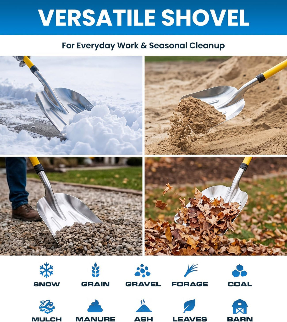 48'' Aluminum Snow Shovel Scoop with Folding Fiberglass Handle & Plastic D-Grip, 12'' Wide Blade