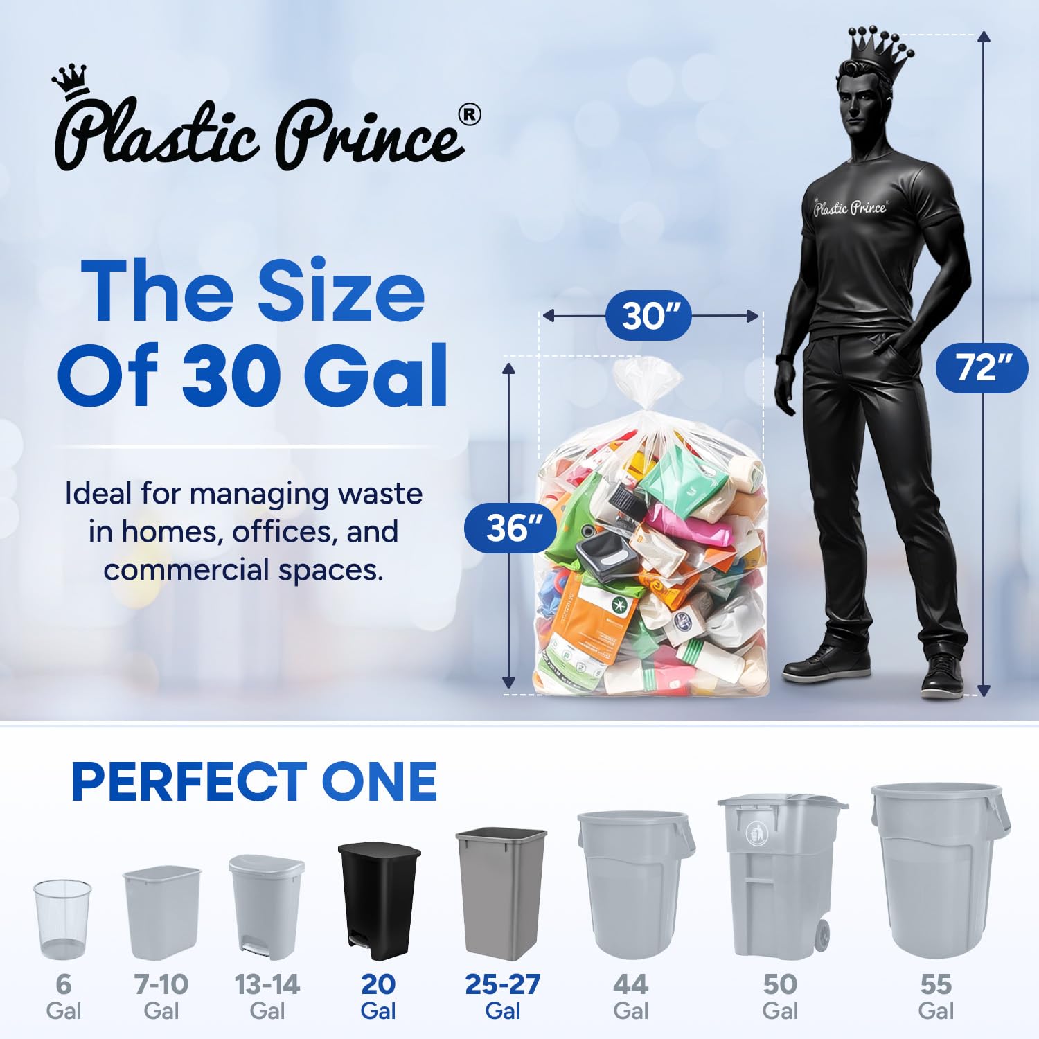 30in x 36in, 30 Gallon, 10 Mic, Clear High-Density Can Liners, 500/Case