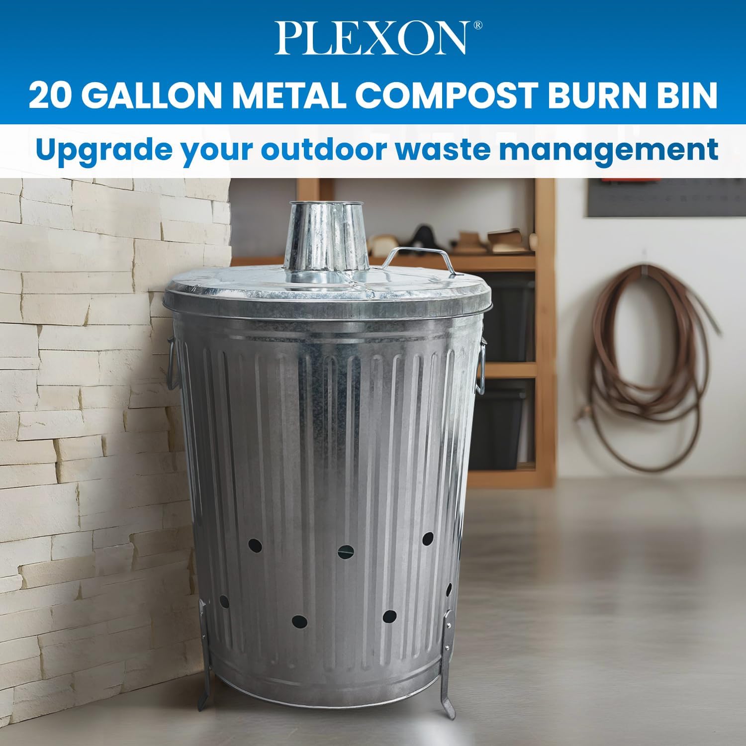 Plexon Metal Compost Bin Outdoor Burn Bin - Galvanized Trash Can with Lid Chimney and Vent Holes - Trash Burning Container Composter Incinerator for Garbage, 20 Gallon (Chimney Lid and Vent Holes)