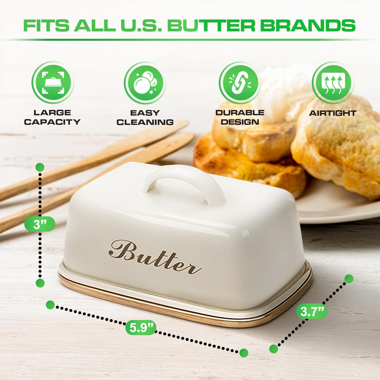 Wooden Butter Dish with Off-White Metal Lid and Handle