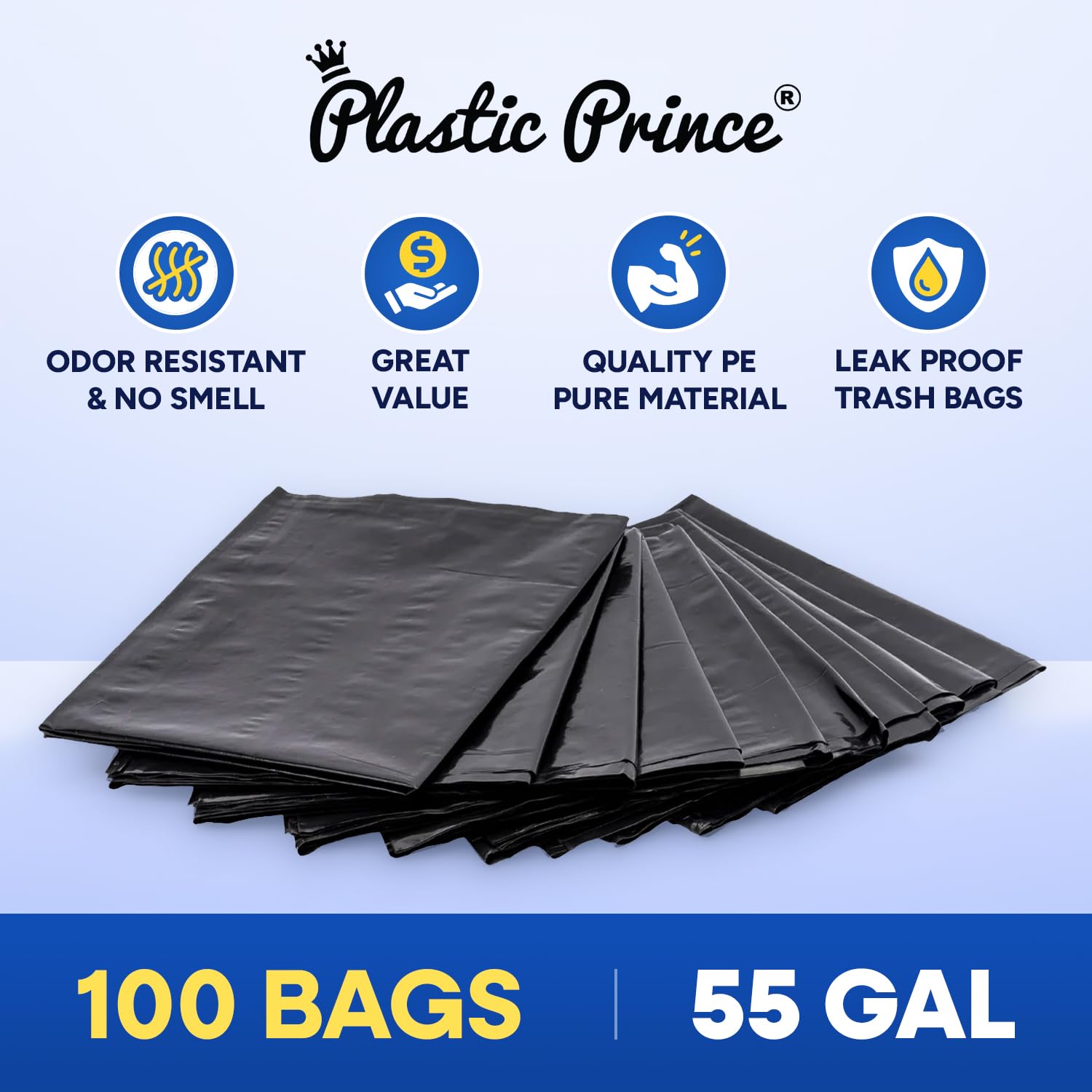 22" x 14" x 50" 55 Gal 2 Mil Black Trash Bags, 100/Case