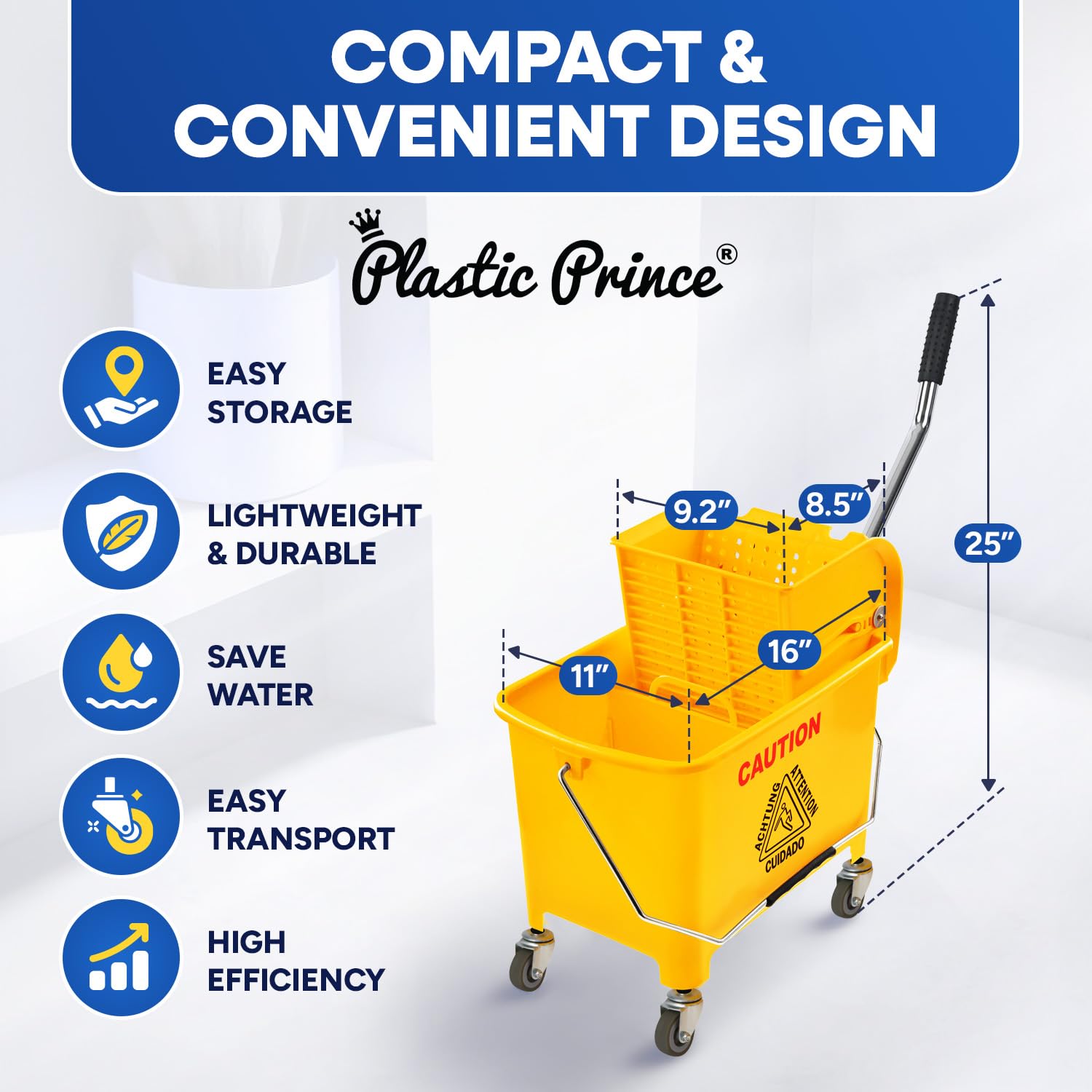 Plastic Prince Mop Bucket with Wringer on Wheels Small 5 Gallon, Heavy Duty Dual Chamber Industrial Mop Bucket Separate Dirty Water, Perfect for Business Household, 20 Quart Yellow