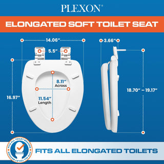 Plexon Soft Cushioned Toilet Seat, Elongated White, Slow-Close Lid & Seat, Quick-Release Hinge, Easy To Clean & Change