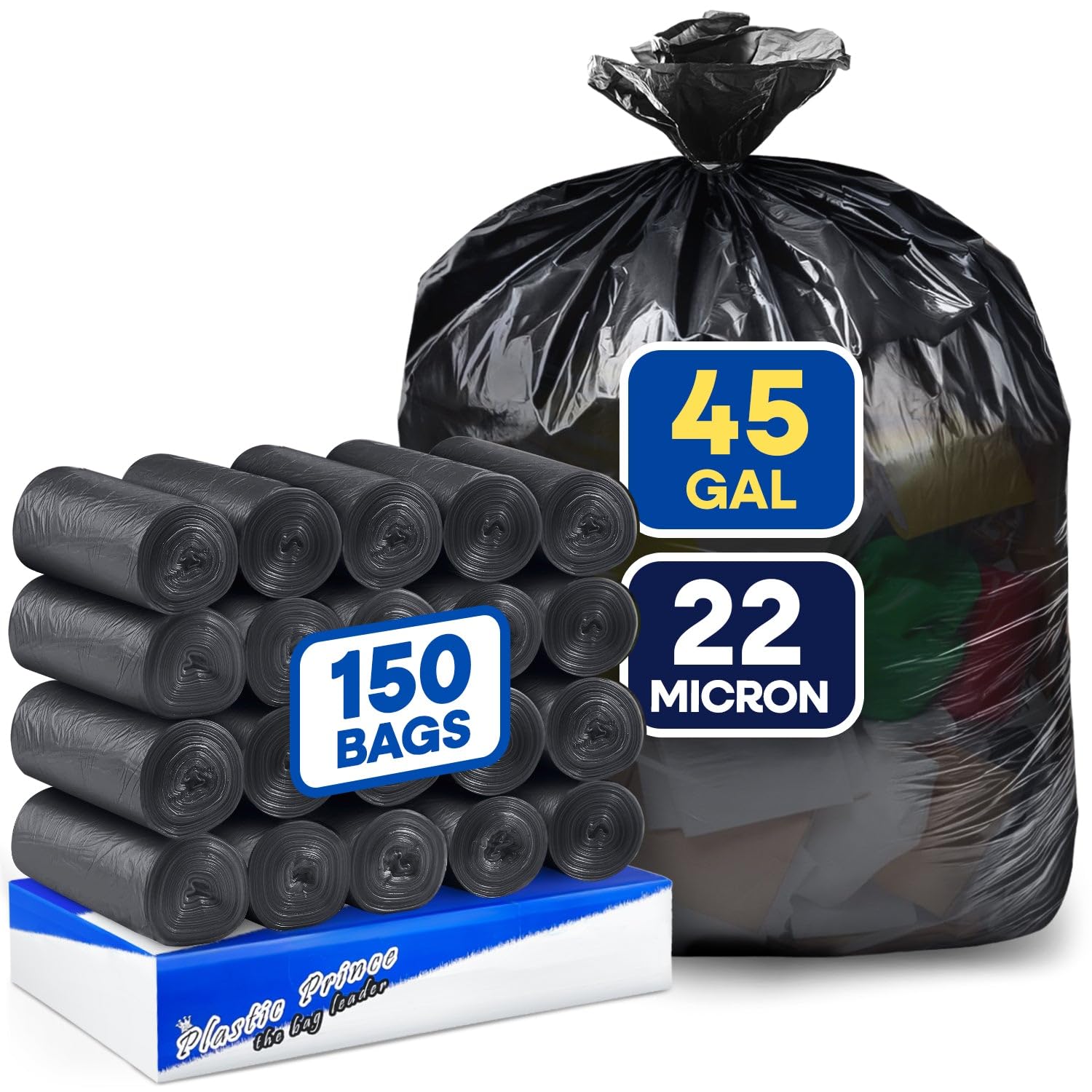 40" x 48", 45 Gallon, 22 Mic, Black High-Density Can Liners, 150/Case
