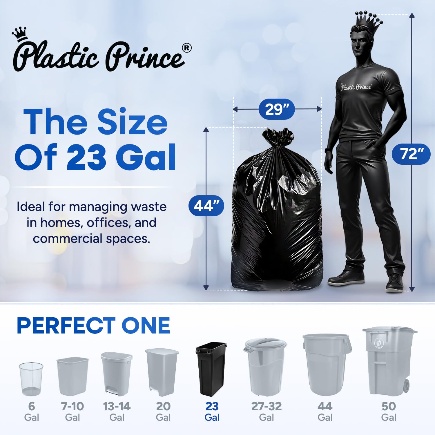 Plastic Prince 23 Gallon Trash Bags, 1 Mil Black Waste Bags, Fits Slim Jim 23 Gal Trash Cans, 29" x 44" Tall Garbage Trash Can Liners 200 Pack