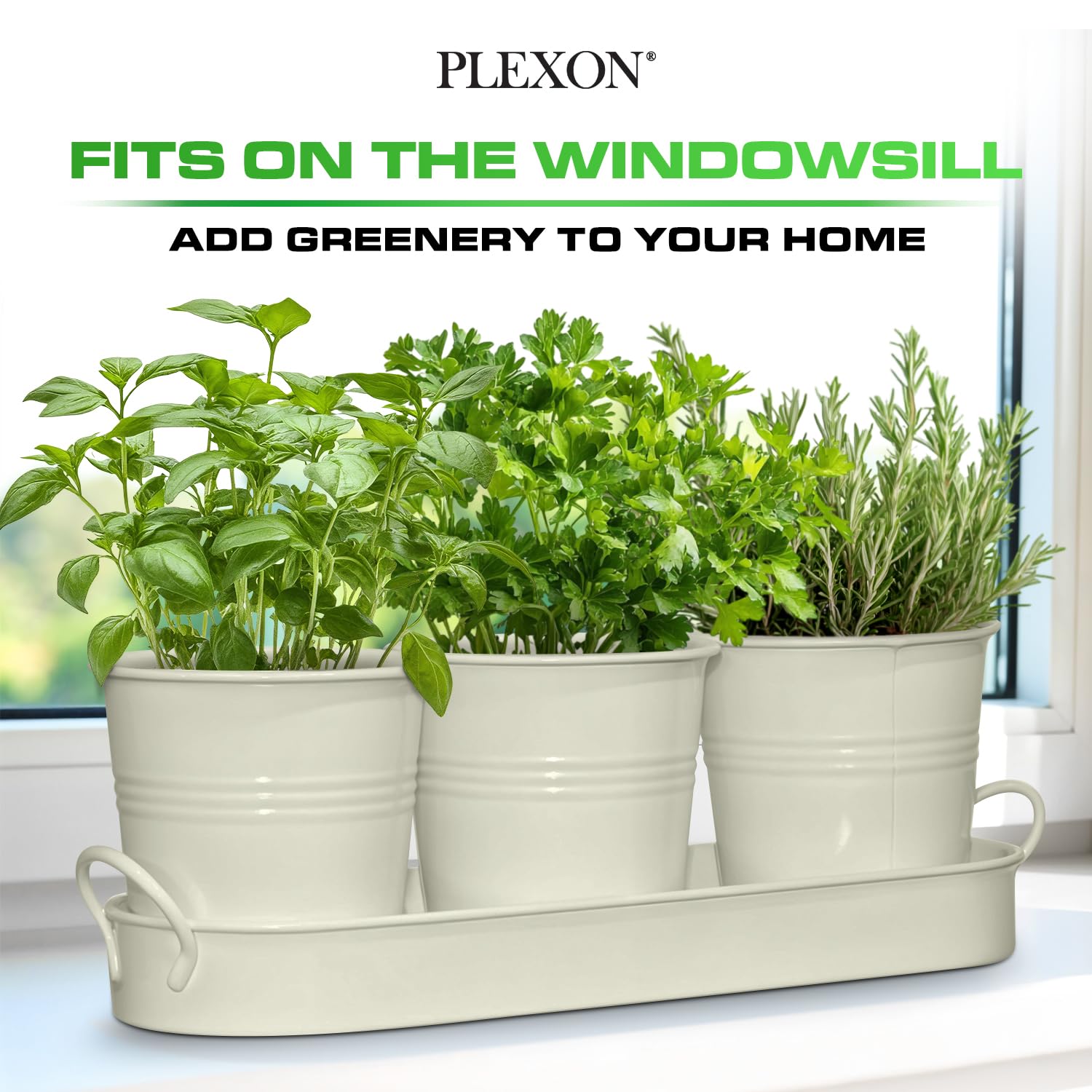 Set of 3 Beige Metal Garden Planters with Tray