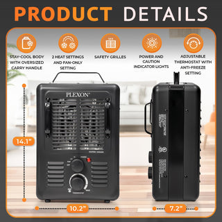 Plexon Milkhouse Space Heater for Indoor Use with Adjustable Thermostat, 1500 W, Black