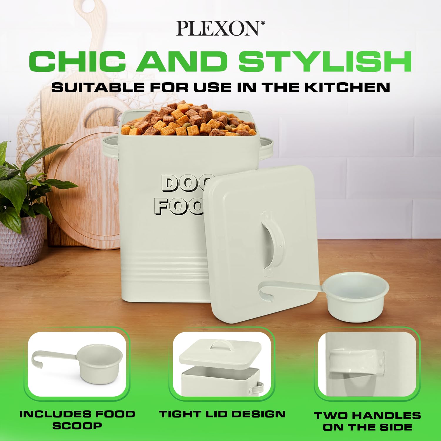 5 lb Square Off-White Metal Pet Food Storage Container with Handles and Scoop
