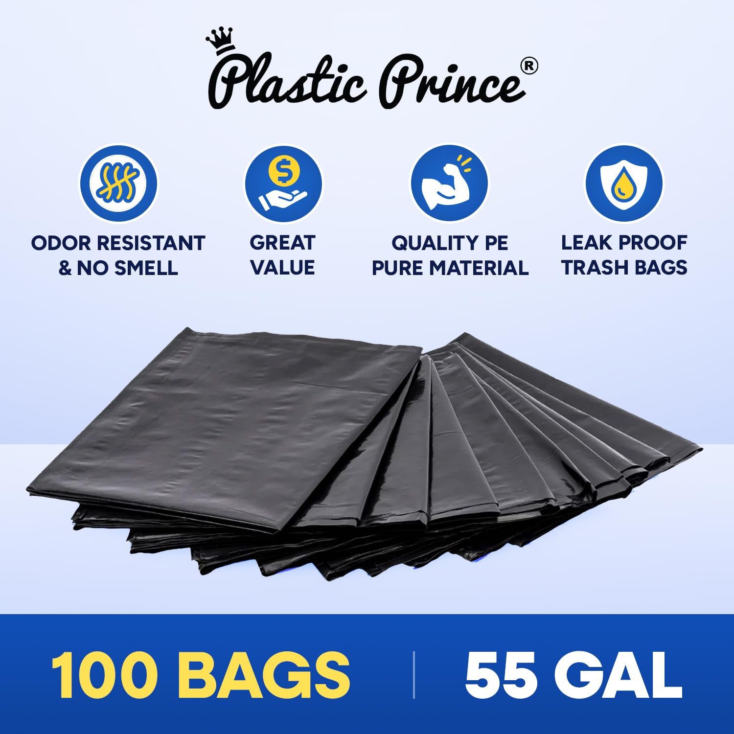 38" x 58" 60 Gal 2 Mil Black Trash Bags, 100/Case