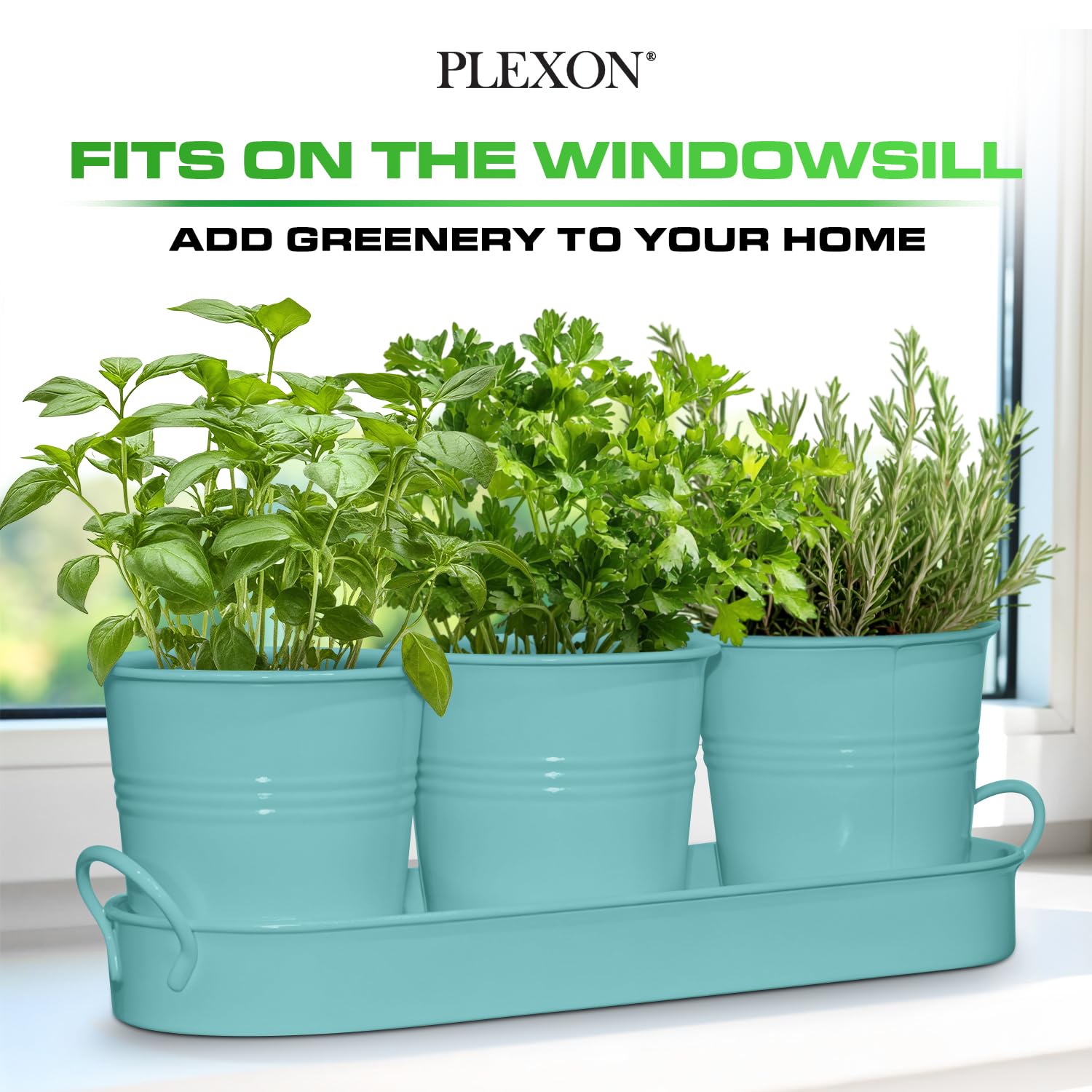 Set of 3 Aqua Mist Blue Metal Garden Planters with Tray