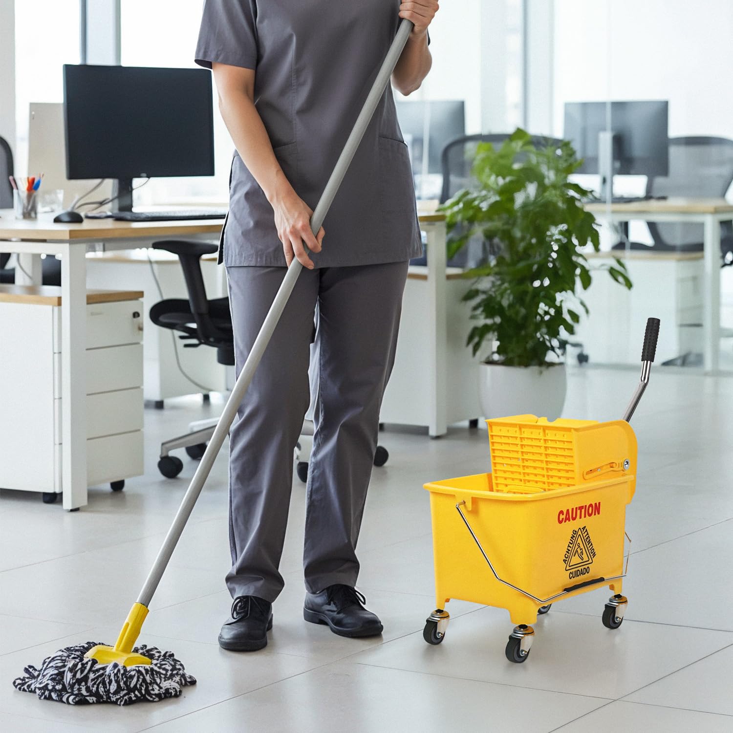 Plastic Prince Mop Bucket with Wringer on Wheels Small 5 Gallon, Heavy Duty Dual Chamber Industrial Mop Bucket Separate Dirty Water, Perfect for Business Household, 20 Quart Yellow