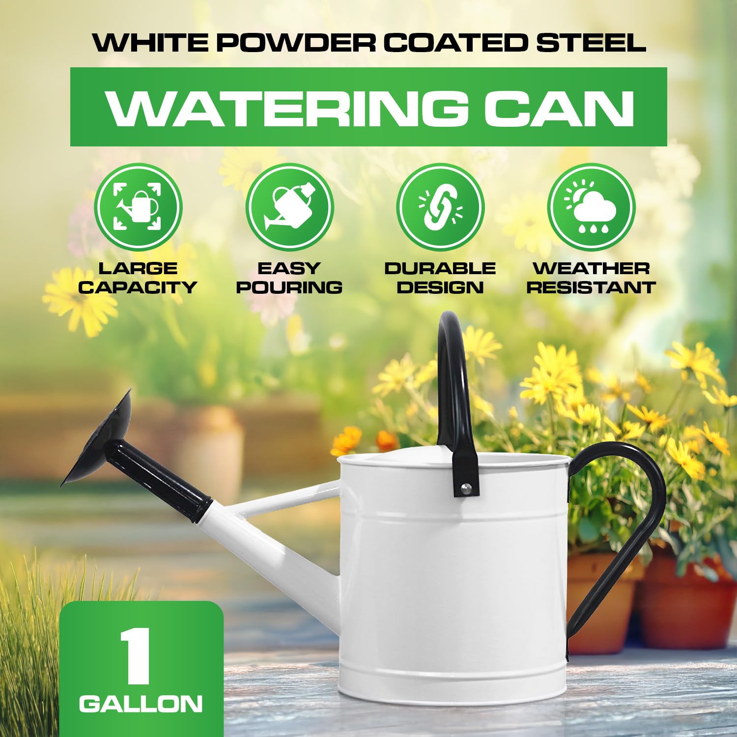 1 Gallon White Metal Watering Can with Black Handle and Spout