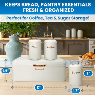plexon metal bread box with tea coffee sugar container set off-white bread box for kitchen countertop with canister sets of 4