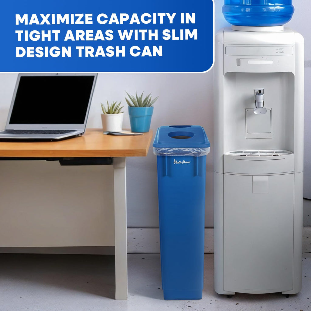 Plastic Prince 23 Gallon Slim Trash Can with Recycling Lid for Bottles and Cans, Blue Commercial Rectangular Garbage Can, Waste Bin for Home Kitchen Office Cabinet