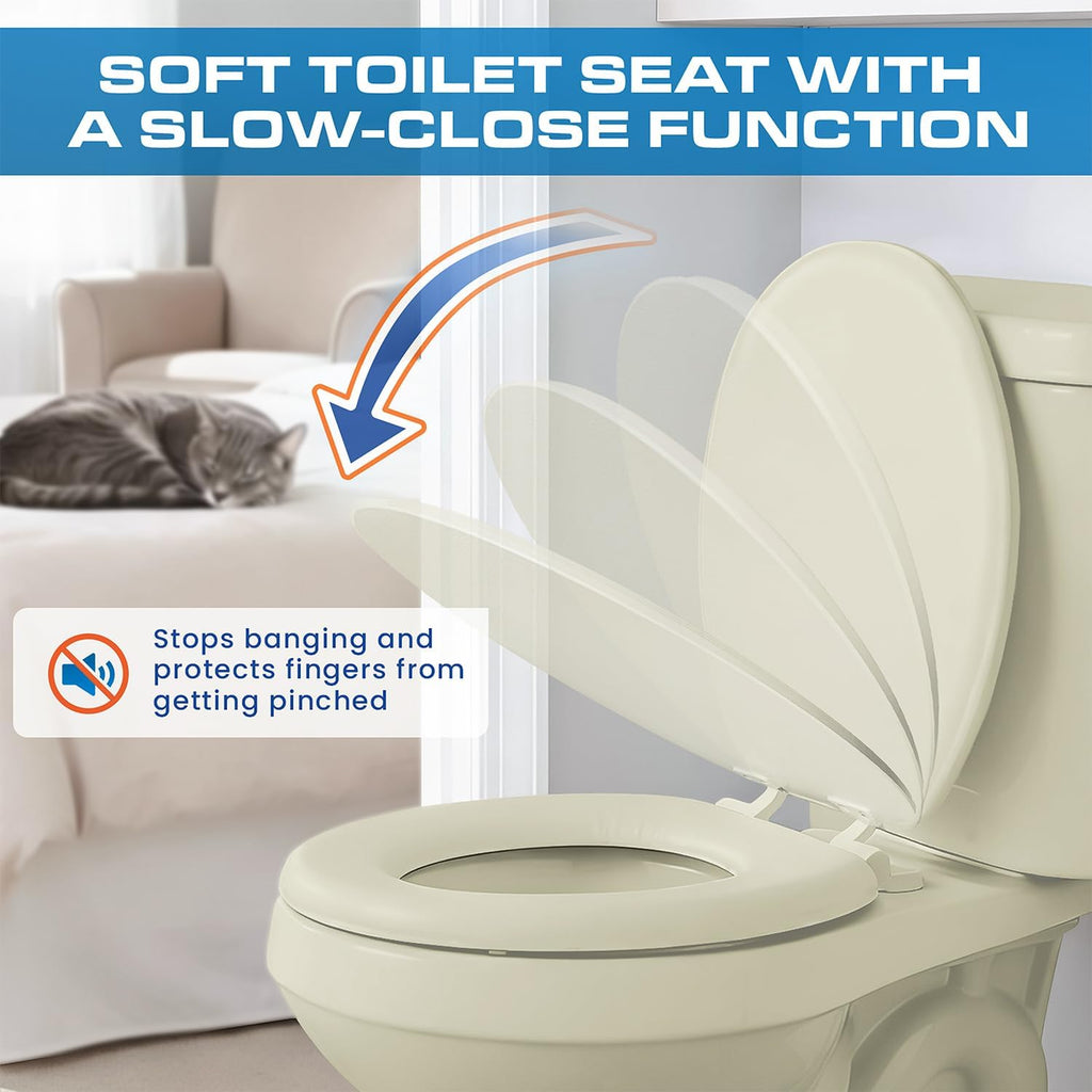 Plexon Soft Cushioned Toilet Seat, Round, Bone, Slow-Close Lid & Seat, Quick-Release Hinge, Easy To Clean & Change