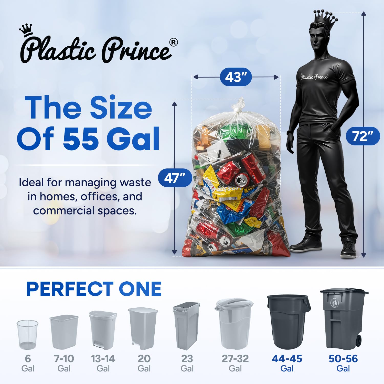 43" x 47" 56 Gal 2 Mil Clear Trash Bags, 100/Case
