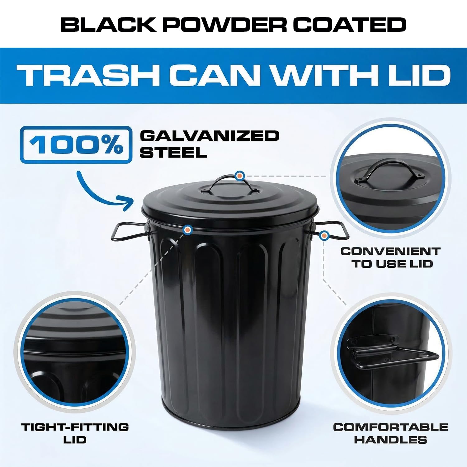 Plexon 5 Gallon Small Metal Trash Can with Lid Outdoor Galvanized Steel Bucket with Lid 5 Gal Storage Can for Dog Food Bird Seed Storage Container Rodent Pet Proof, Black