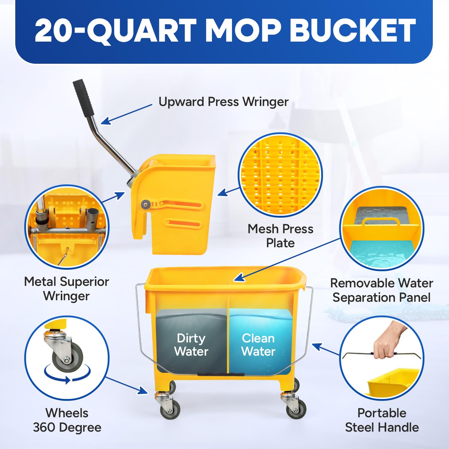 Plastic Prince Mop Bucket with Wringer on Wheels Small 5 Gallon, Heavy Duty Dual Chamber Industrial Mop Bucket Separate Dirty Water, Perfect for Business Household, 20 Quart Yellow