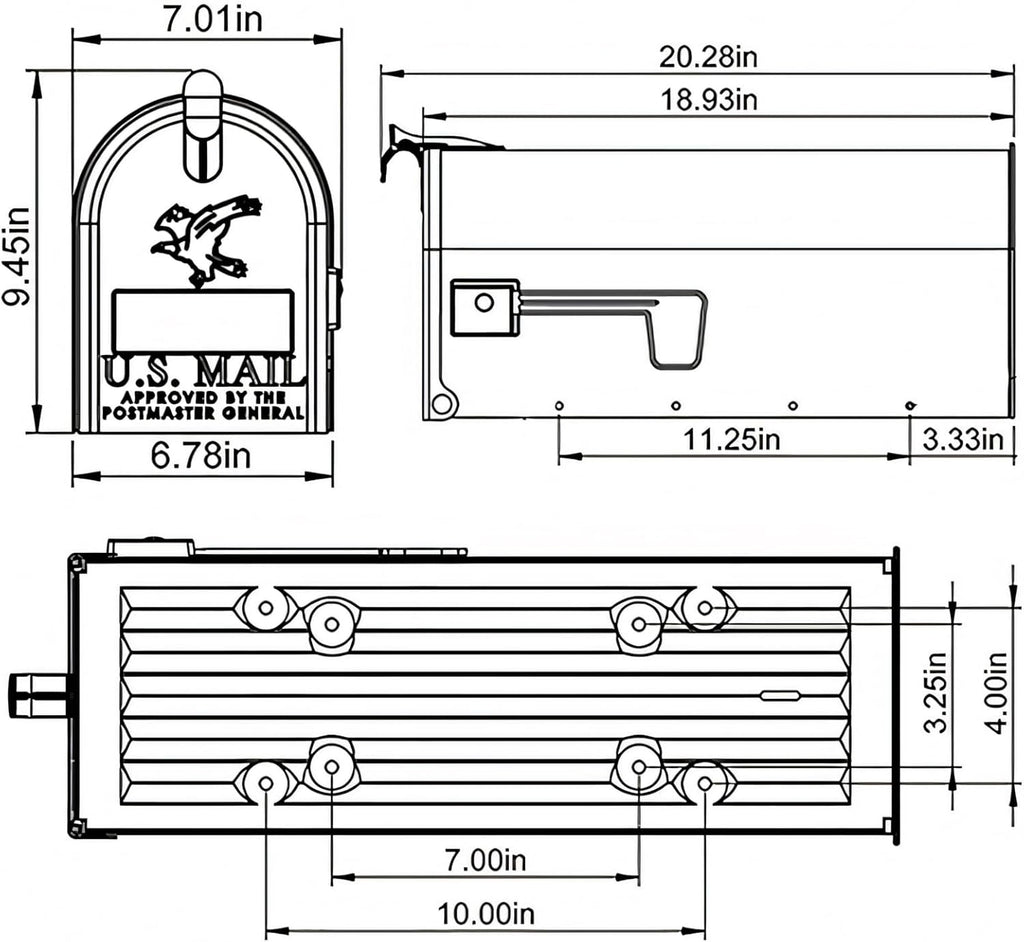 Plexon Mailboxes Classic Post Mount Mailbox - 20.28" L x 9.45" H x 6.78" W, Galvanized Steel, Gray, Rust-Resistant Powder Coated Finish