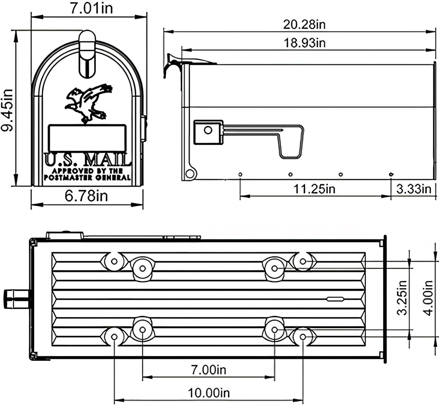 Plexon Mailboxes Classic Post Mount Mailbox - 20.28" L x 9.45" H x 6.78" W, Galvanized Steel, Gray, Rust-Resistant Powder Coated Finish