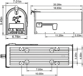 Plexon Mailboxes Classic Post Mount Mailbox - 20.28" L x 9.45" H x 6.78" W, Galvanized Steel, Gray, Rust-Resistant Powder Coated Finish