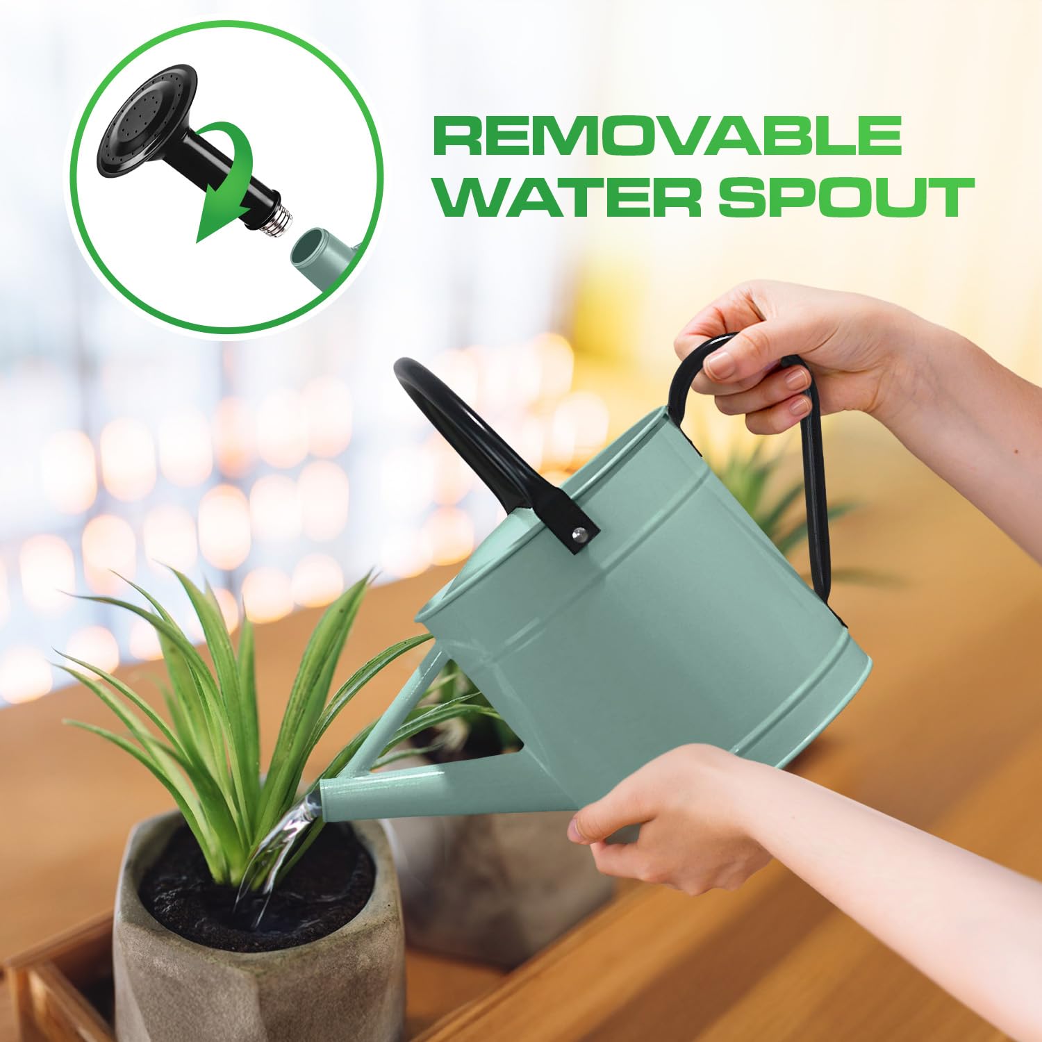 1 Gallon Aqua Mist Blue Metal Watering Can with Black Handle and Spout