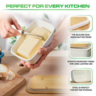 Off-White Metal Butter Dish with Wooden Lid