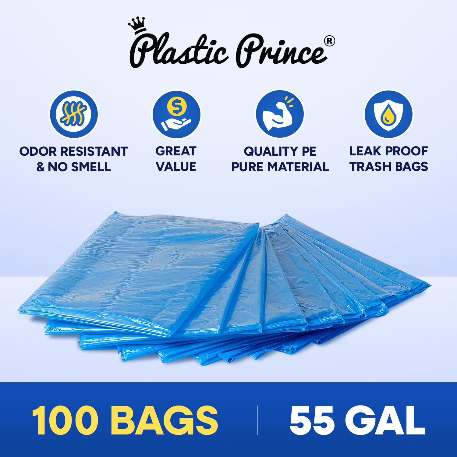 23" x 14" x 50" 55 Gal 3 Mil Blue Trash Bags, 100/Case