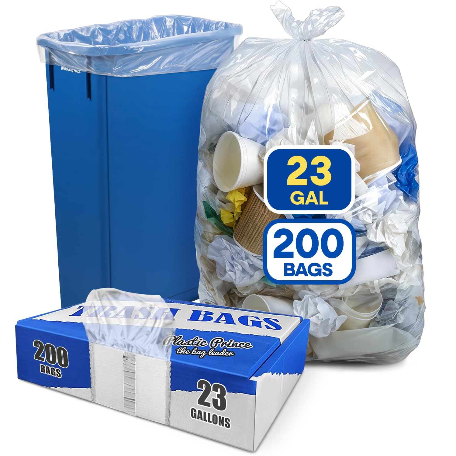 plastic prince 23 gallon trash bags 1 mil clear waste bags fits slim jim 23 gal trash cans 29 x 44 tall garbage trash can liners 200 pack