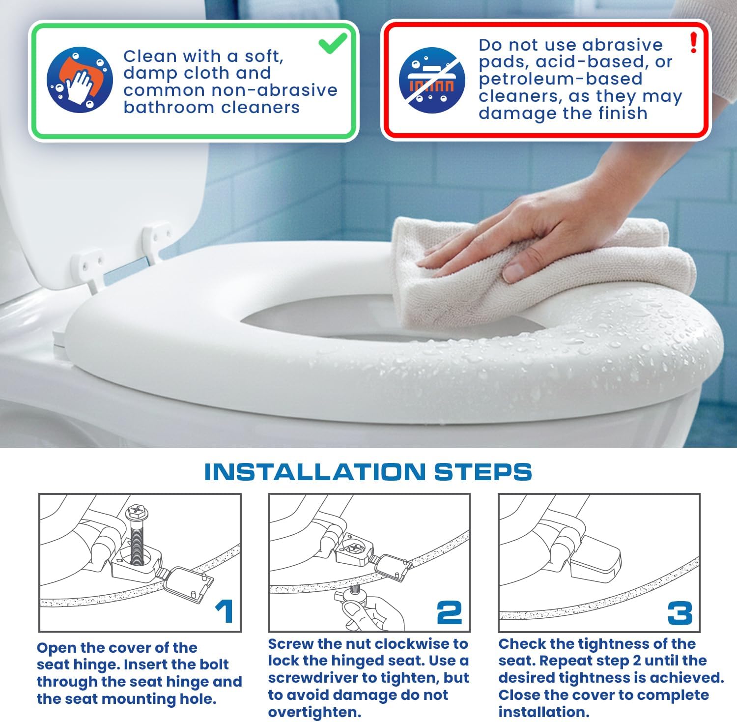Plexon Elongated Soft Toilet Seat, Smooth Heavy-Duty Vinyl & Wood Core, Secure Hinge, White