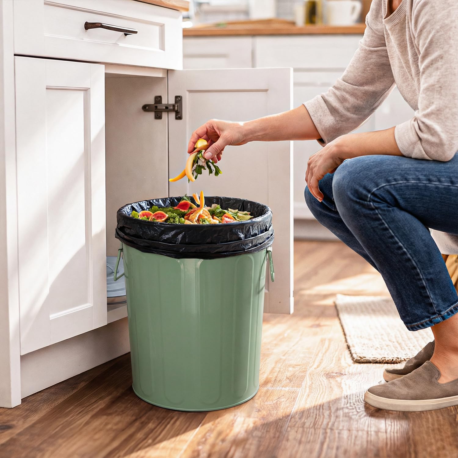 Plexon 5 Gallon Small Metal Trash Can with Lid Outdoor Galvanized Steel Bucket with Lid 5 Gal Storage Can for Dog Food Bird Seed Storage Container Rodent Pet Proof, Green