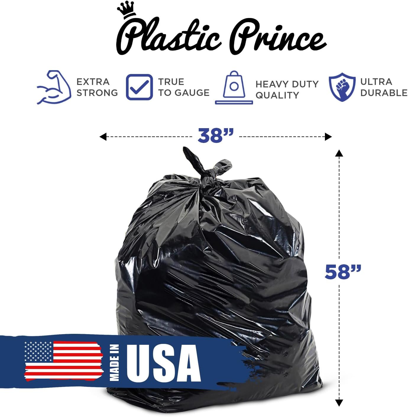 38" x 58" 60 Gal 1.5 Mil Black Trash Bags, 100/Case