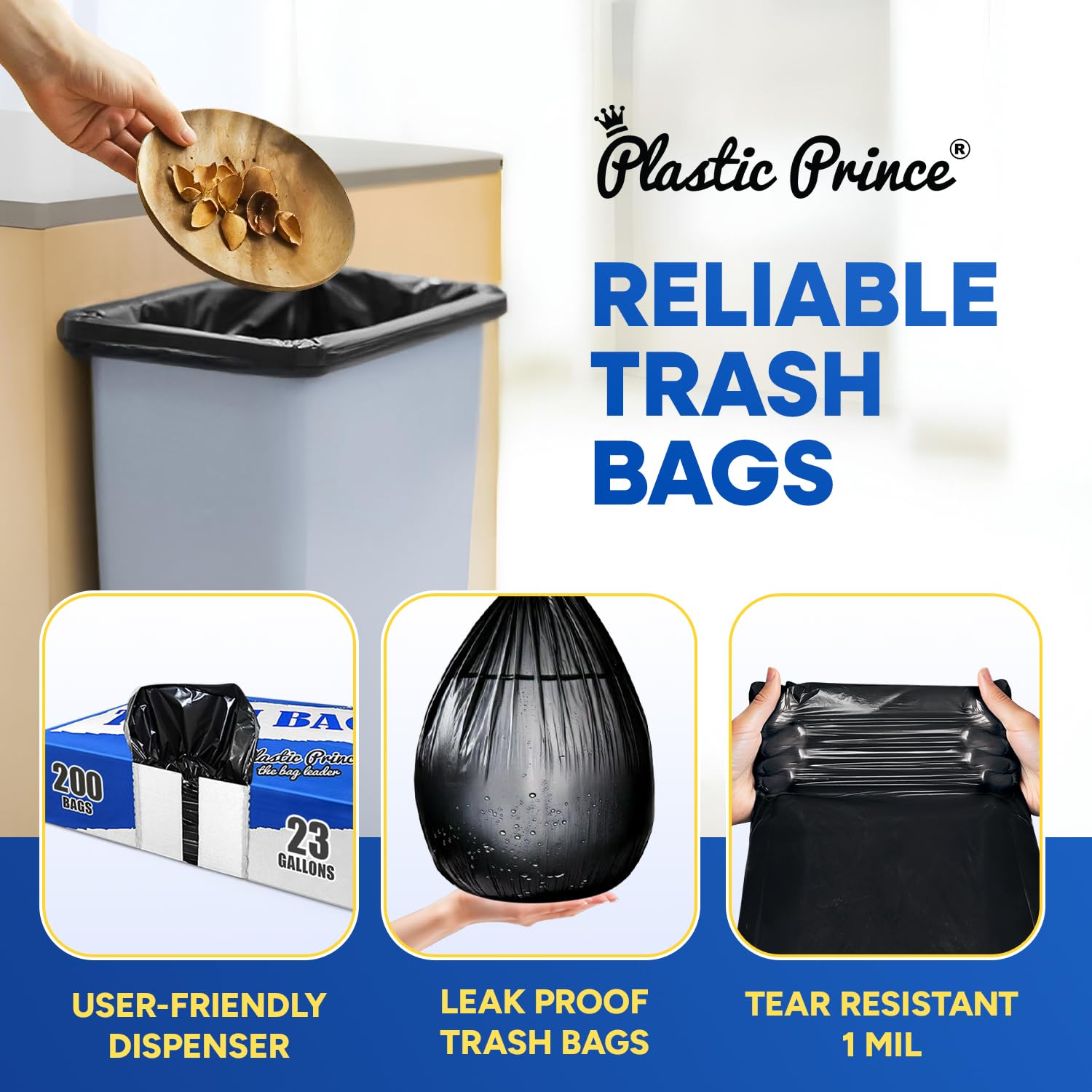 Plastic Prince 23 Gallon Trash Bags, 1 Mil Black Waste Bags, Fits Slim Jim 23 Gal Trash Cans, 29" x 44" Tall Garbage Trash Can Liners 200 Pack