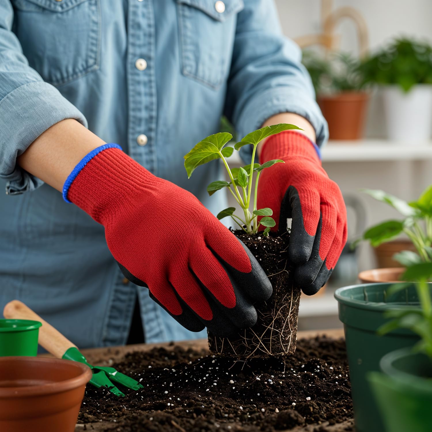 300 Pairs Medium Red Safety Gloves for Men/Women, Non Slip Black Latex Palm Work Gloves, Heavy Duty Cotton Garden Yard Gloves