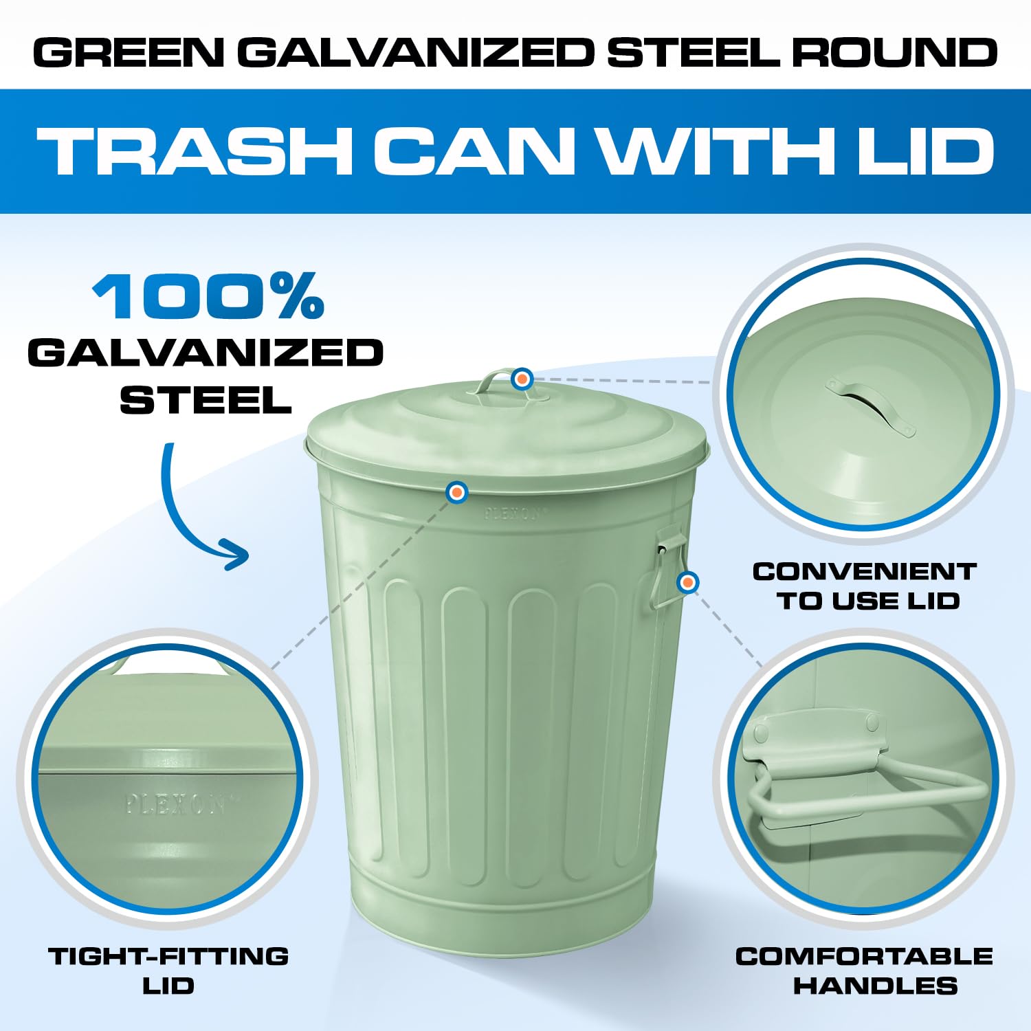 13-Gallon Green Galvanized Steel Round Trash Can with Lid