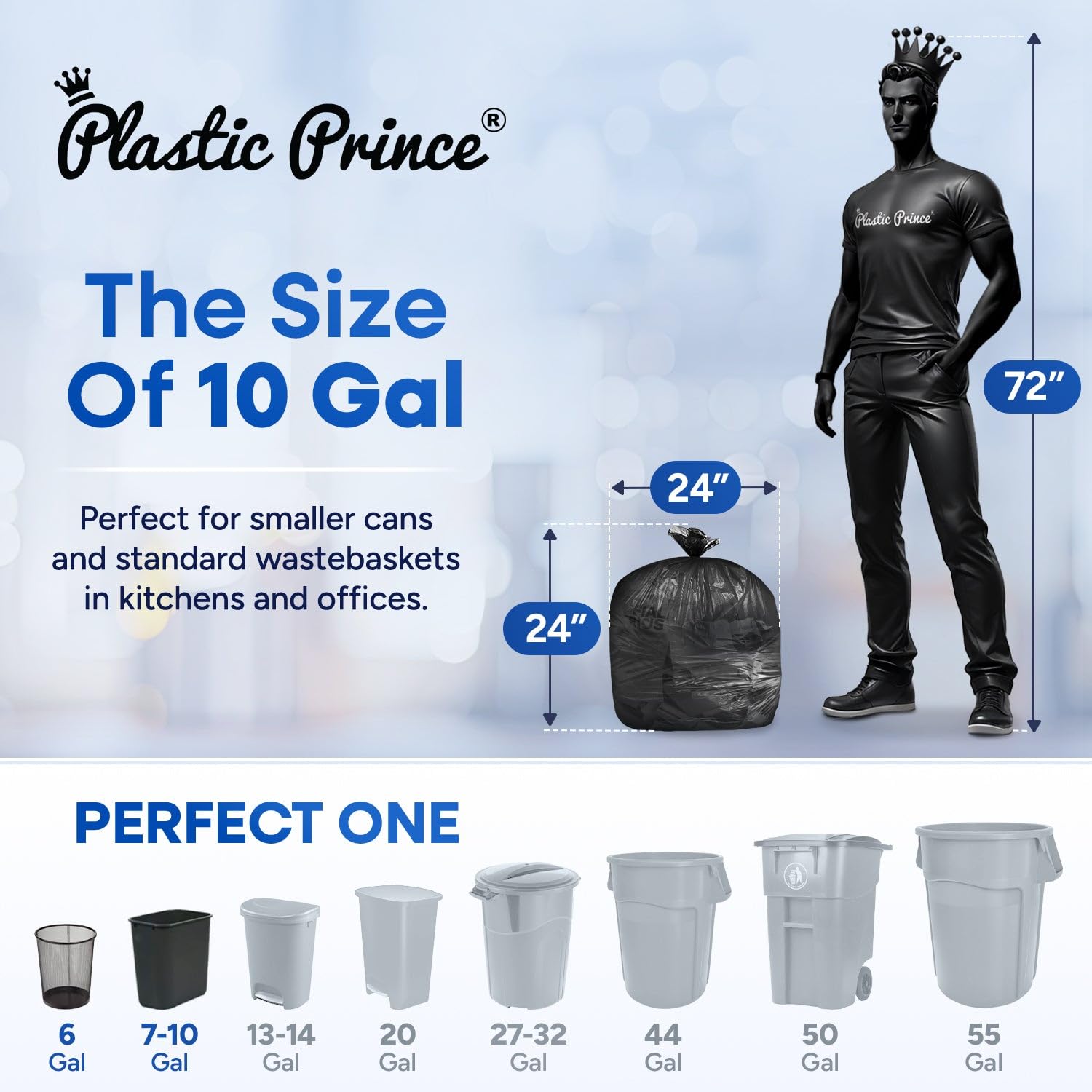 24" x 24", 10 Gallon, 8 Mic, Black High-Density Can Liners, 1000/Case