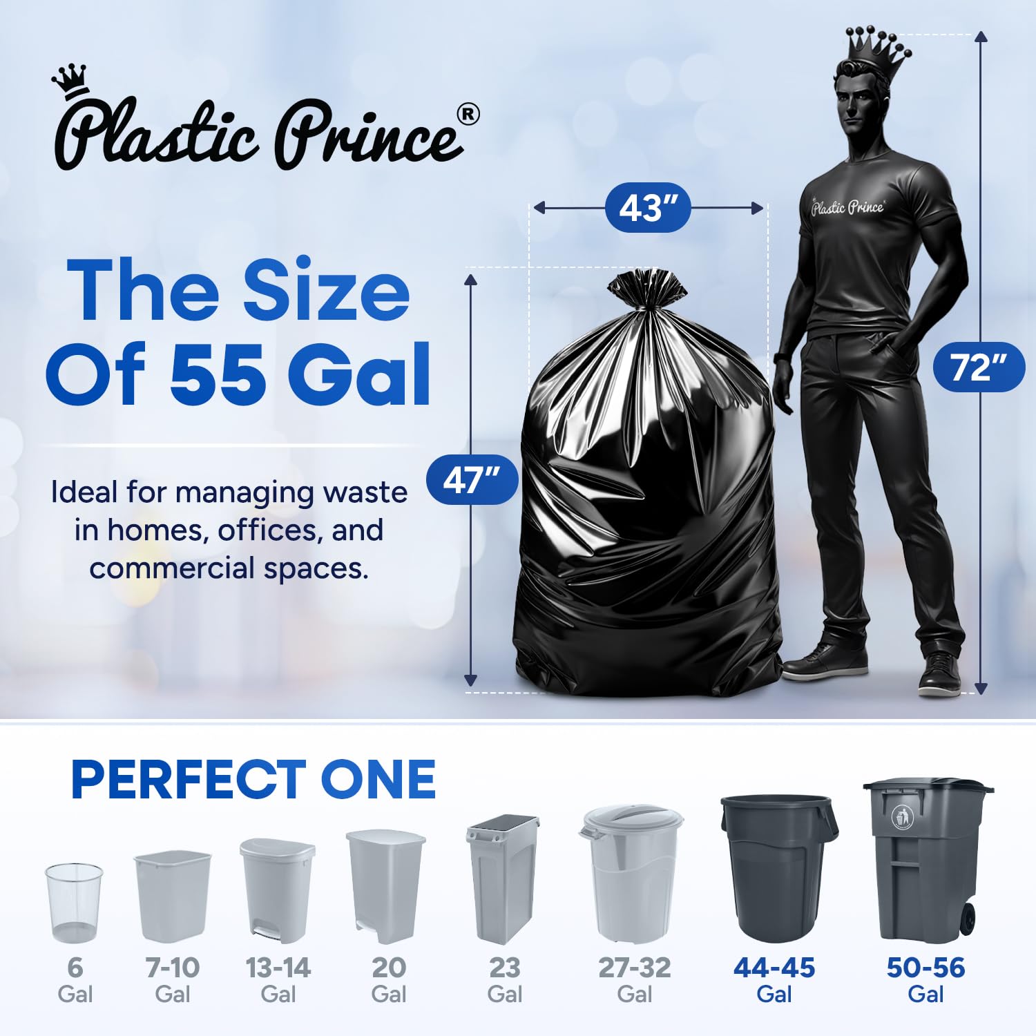 Plastic Prince 55-60 Gallon Trash Bags 2 Mil Heavy Duty Fits Rubbermaid Brute Round Square 32-55 gal Trash Cans 43" x 47" Large Durable Garbage Trash Can Liners, Black 50 of Pack